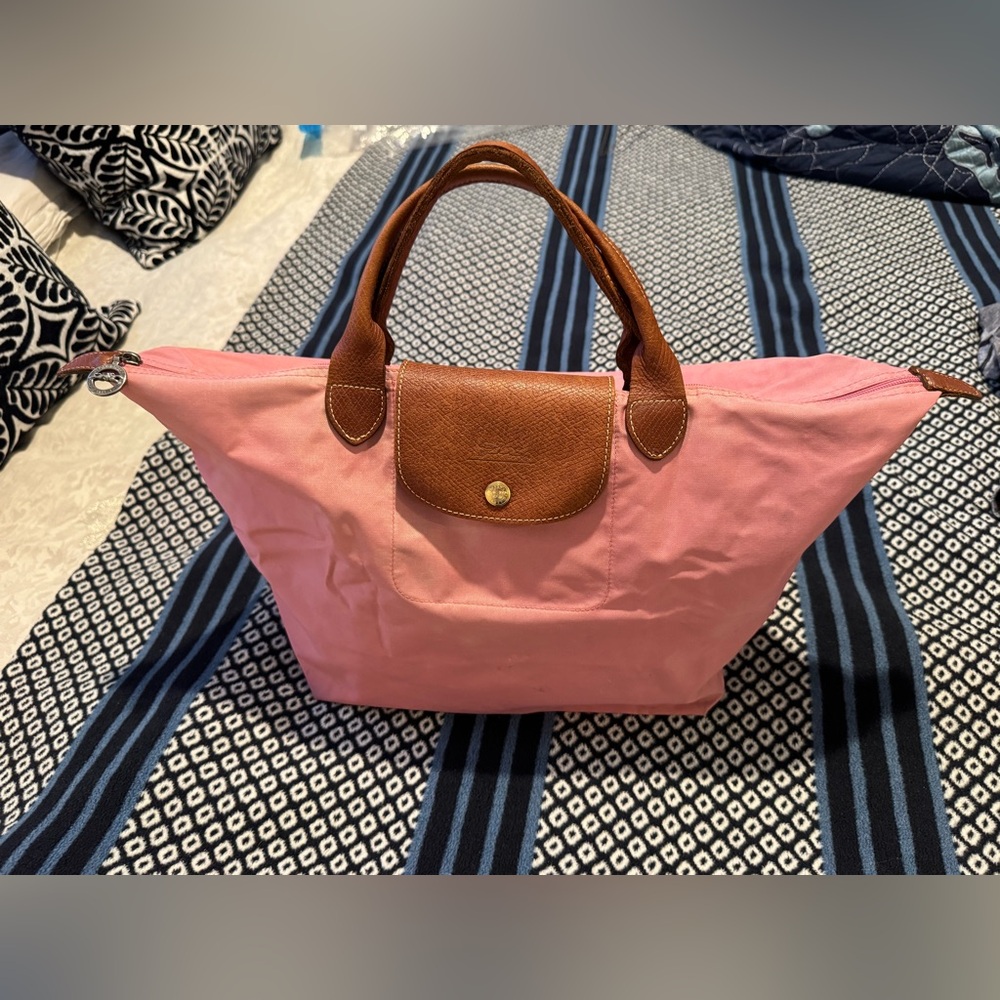 Longchamp Pink Tote with Brown Leather Handles